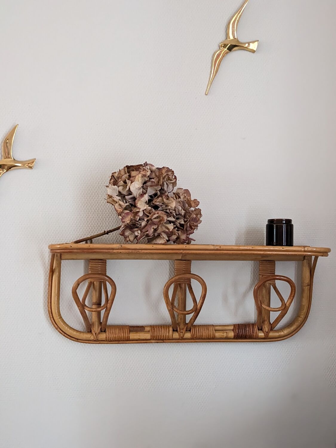 Shelf coat rack hooks vintage rattan
