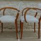 Chic 1950s bridge chairs in solid wood, white and beige, hand-stitched.