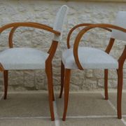 Fauteuils bridges chic année 50 en bois massif   blanc beige cousus main