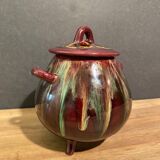 Sugar bowl, candy pot, covered pot in malicorne earthenware signed J. Guet