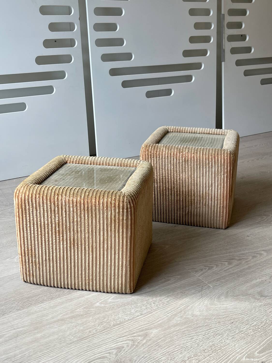 Pair of bedside tables, beige corduroy & glass