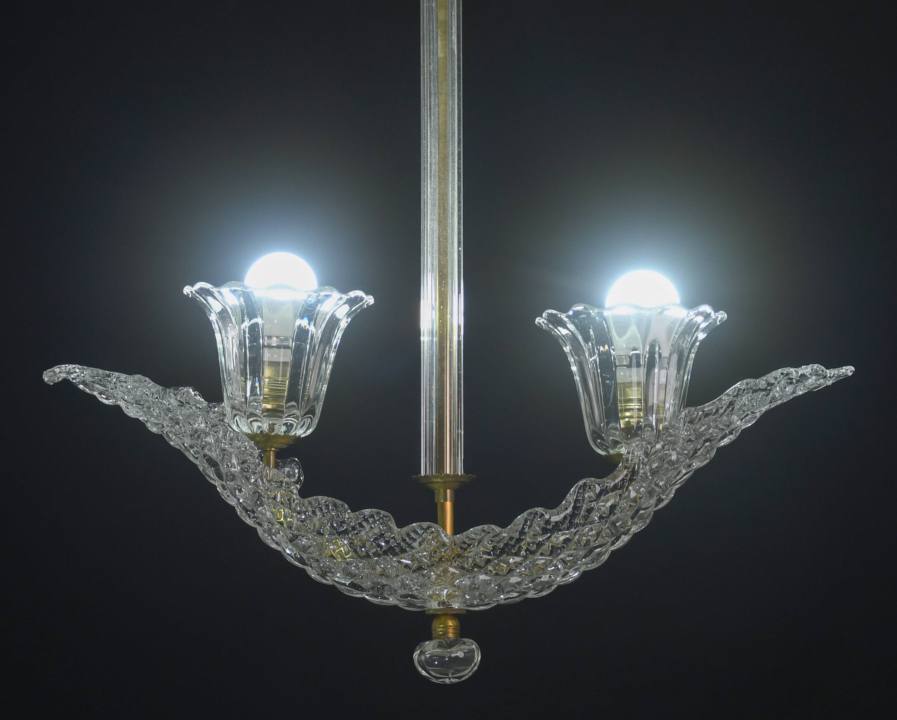 Elegant 2 cup Barovier Art Deco chandelier, Murano glass, brass structure 1940s