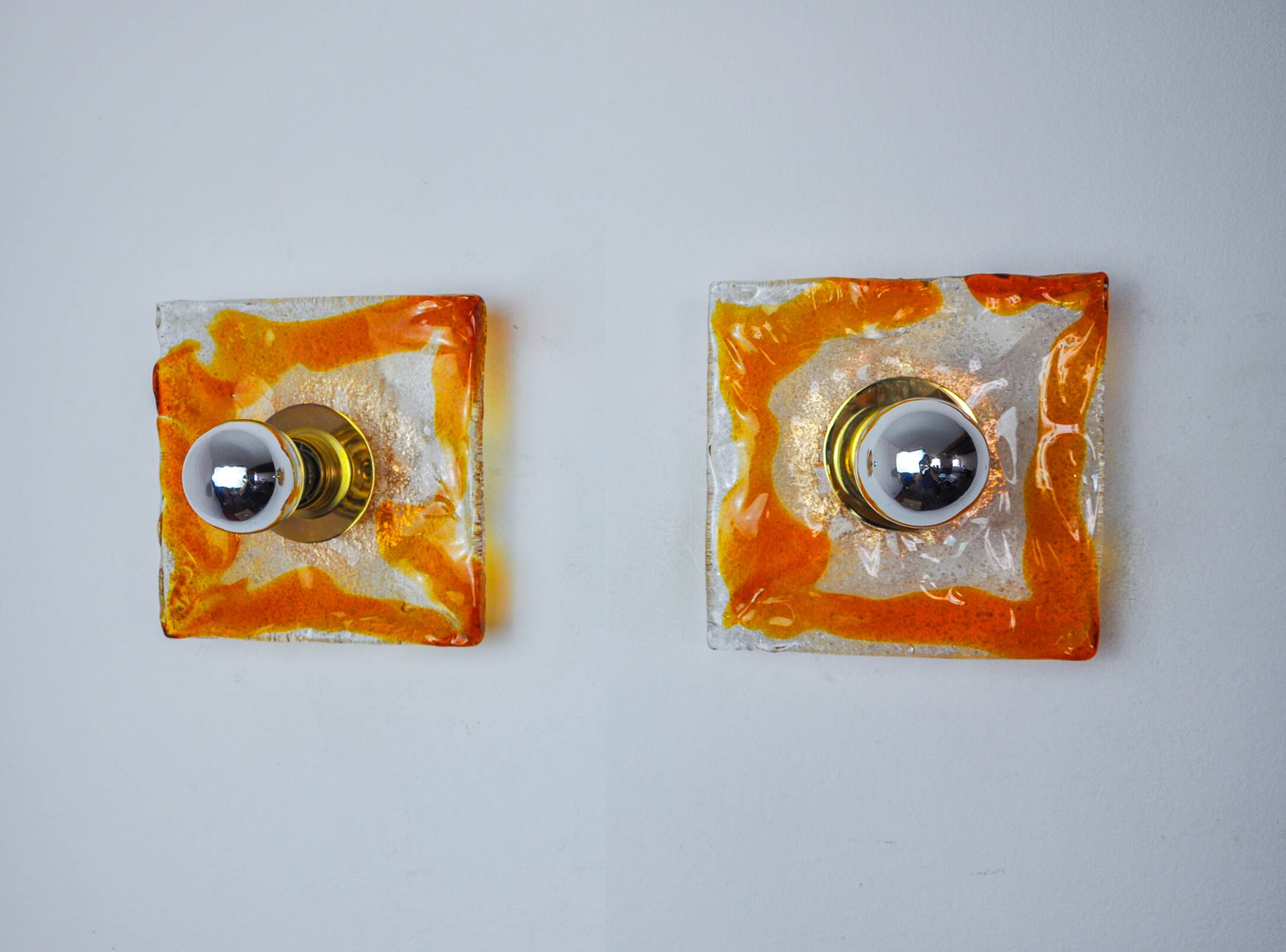 Pair of Murano Mazzega wall lights, orange frosted glass, Italy, 1970