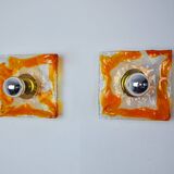 Pair of Murano Mazzega wall lights, orange frosted glass, Italy, 1970