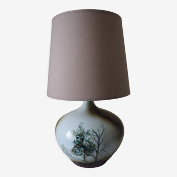 Glazed ceramic ball lamp signed bossis and fabric lampshade