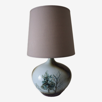 Lampe boule en céramique émaillée signée bossis et abat-jour en tissus