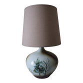Glazed ceramic ball lamp signed Bossis with a fabric shade.