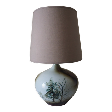 Glazed ceramic ball lamp signed Bossis with a fabric shade.
