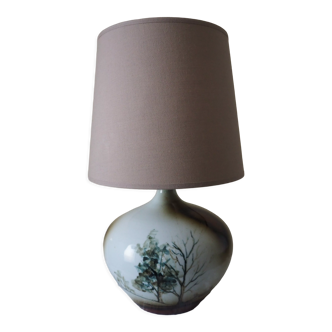 Glazed ceramic ball lamp signed bossis and fabric lampshade
