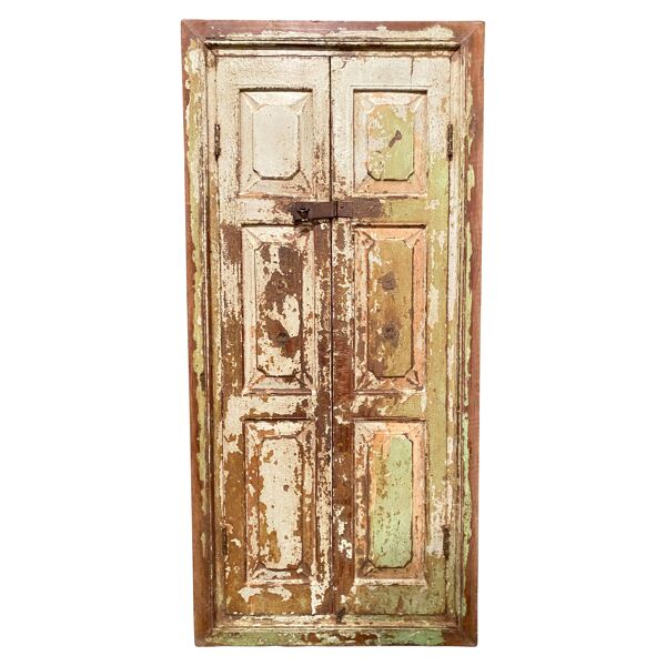 Fenêtre indienne en bois patiné verte