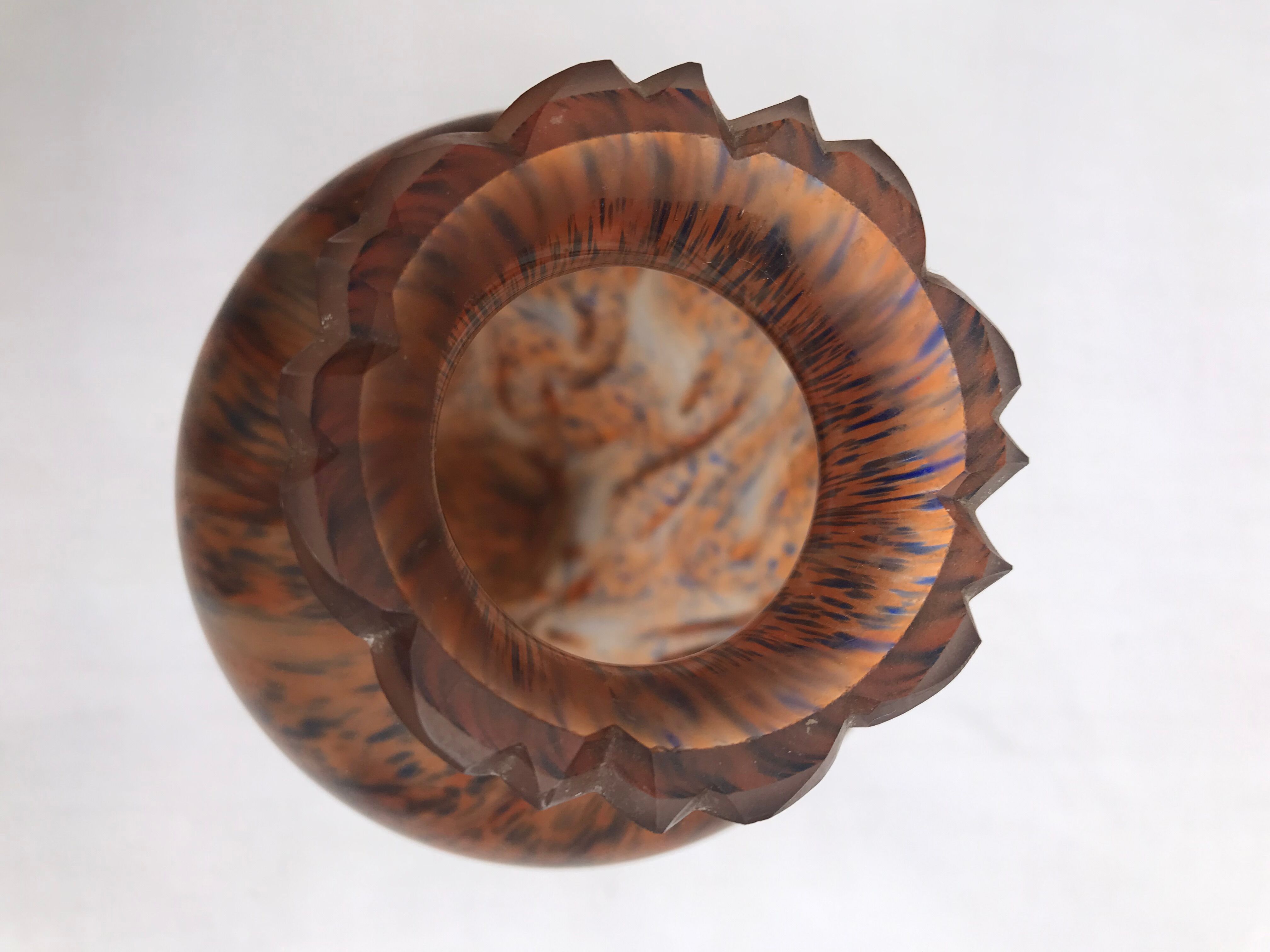 Orange / blue marble vase (signed?) old glass paste