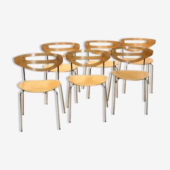 Thonet dining chairs stacked in chrome and beech