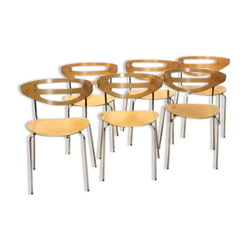 Chaises de salle à manger Thonet empilables en chrome et hêtre