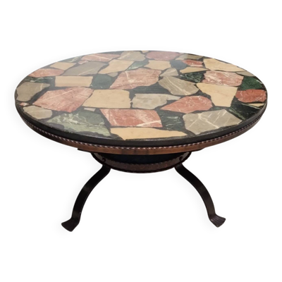 Table basse ronde en fer forgé et marbre