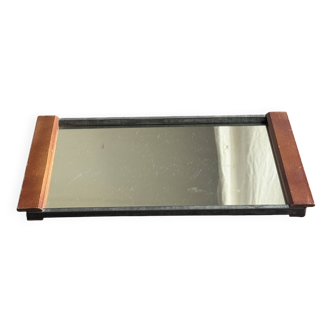 Petit plateau moderniste en métal argenté et bois vintage