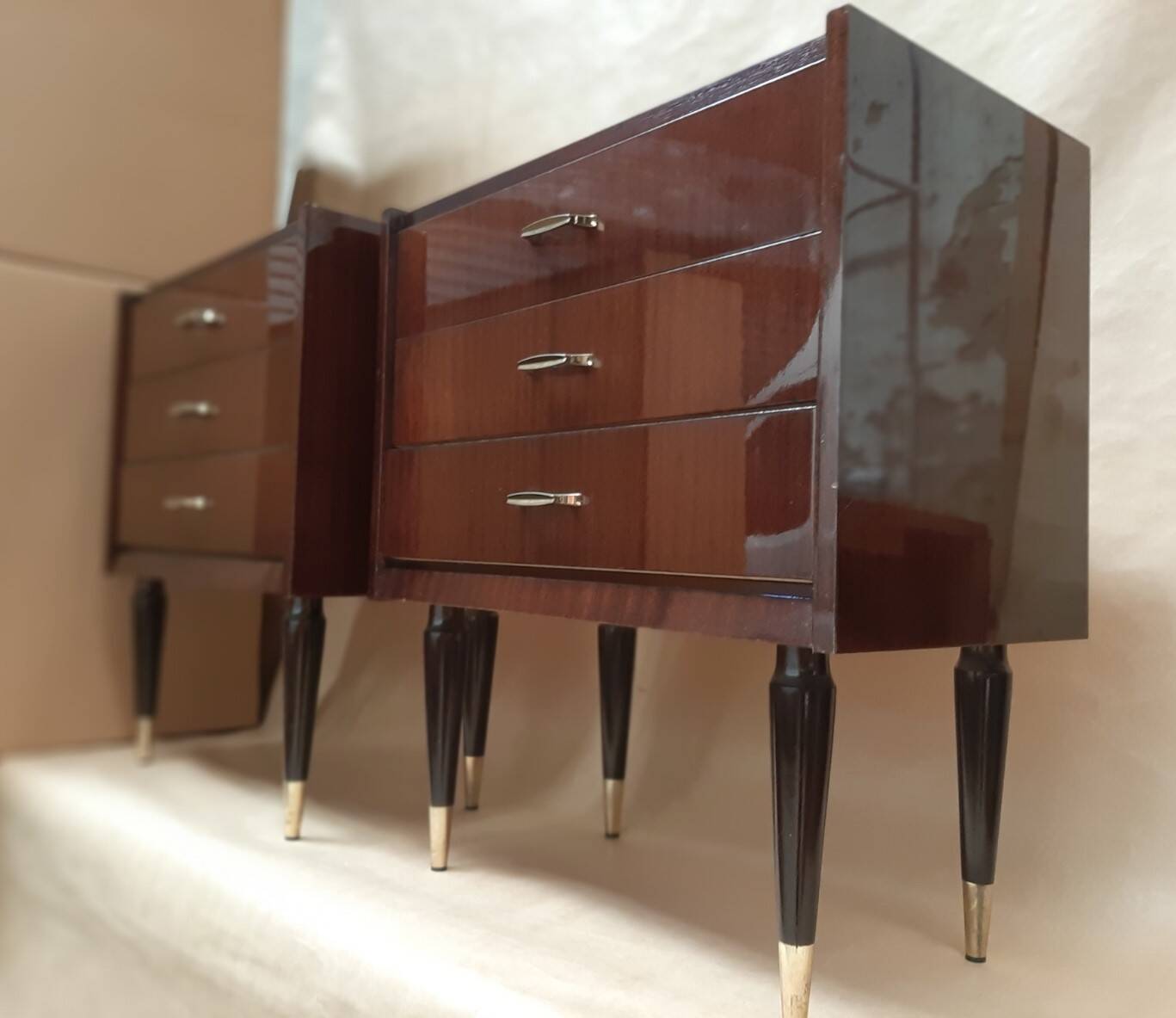 Pairs of old bedside tables from the 1960s and 70s.