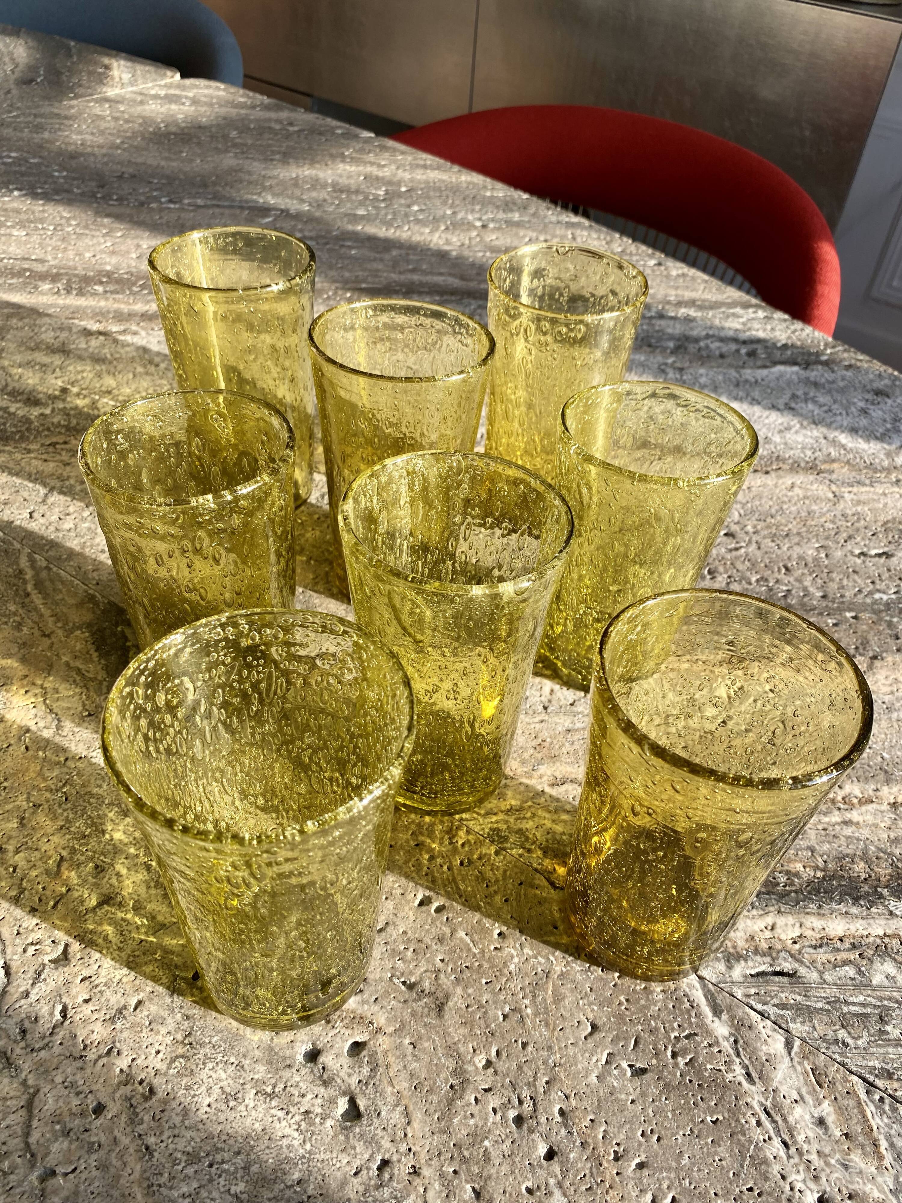 Biot olive-colored bubbled glass water glasses