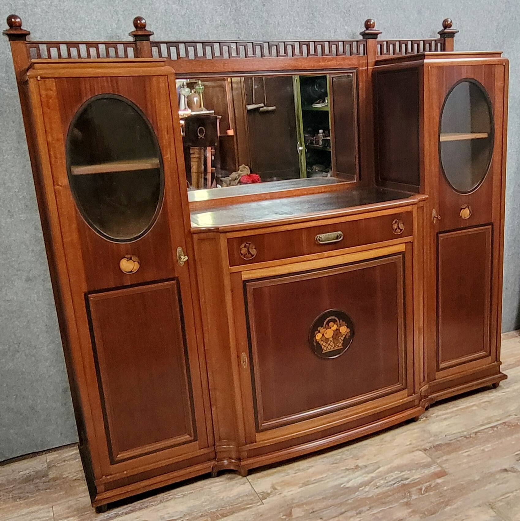 Ecole de Nancy : Grand buffet bibliothèque époque Art Nouveau en acajou