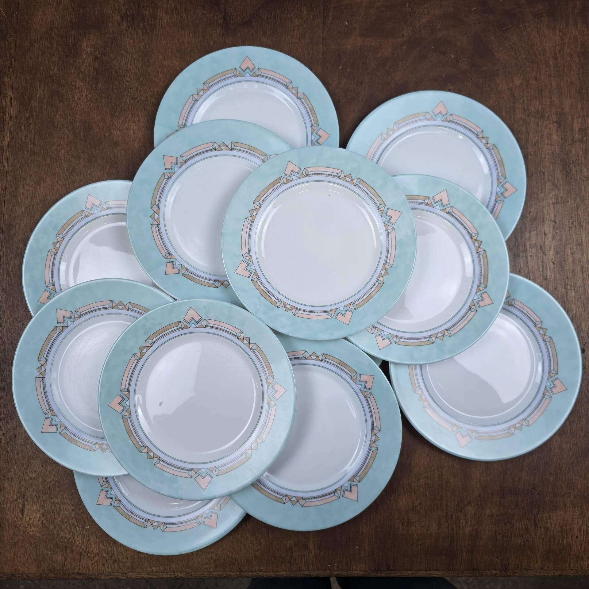 Set of 12 vintage pastel geometric dessert plates ESSO.