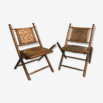 Ancien fauteuils coloniaux en cuir tressé