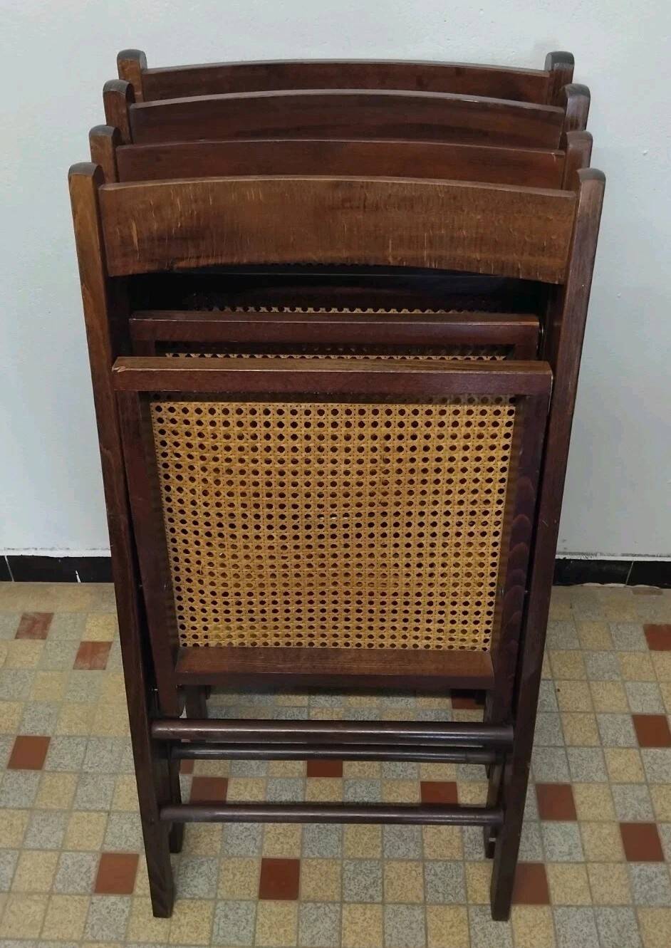 Set of 4 vintage 1970s folding chairs in wood and caning