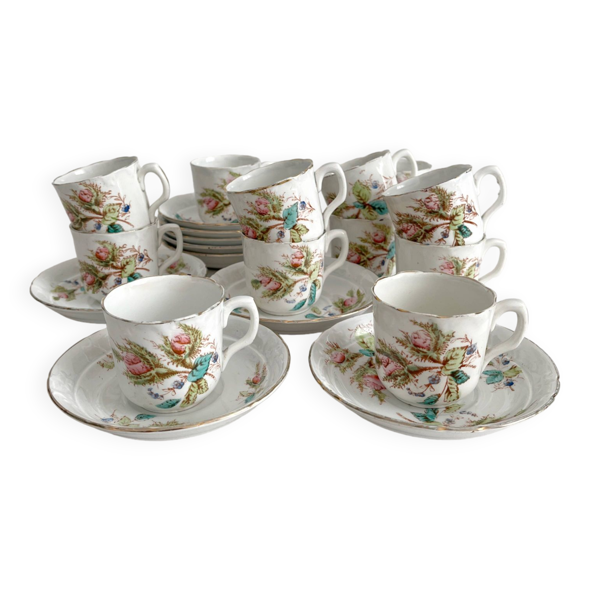 12 ironstone coffee cups with polychrome floral decoration, KG Lunéville