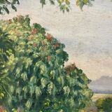 1920s french oil painting / panel. landscape. fields, trees and mountains