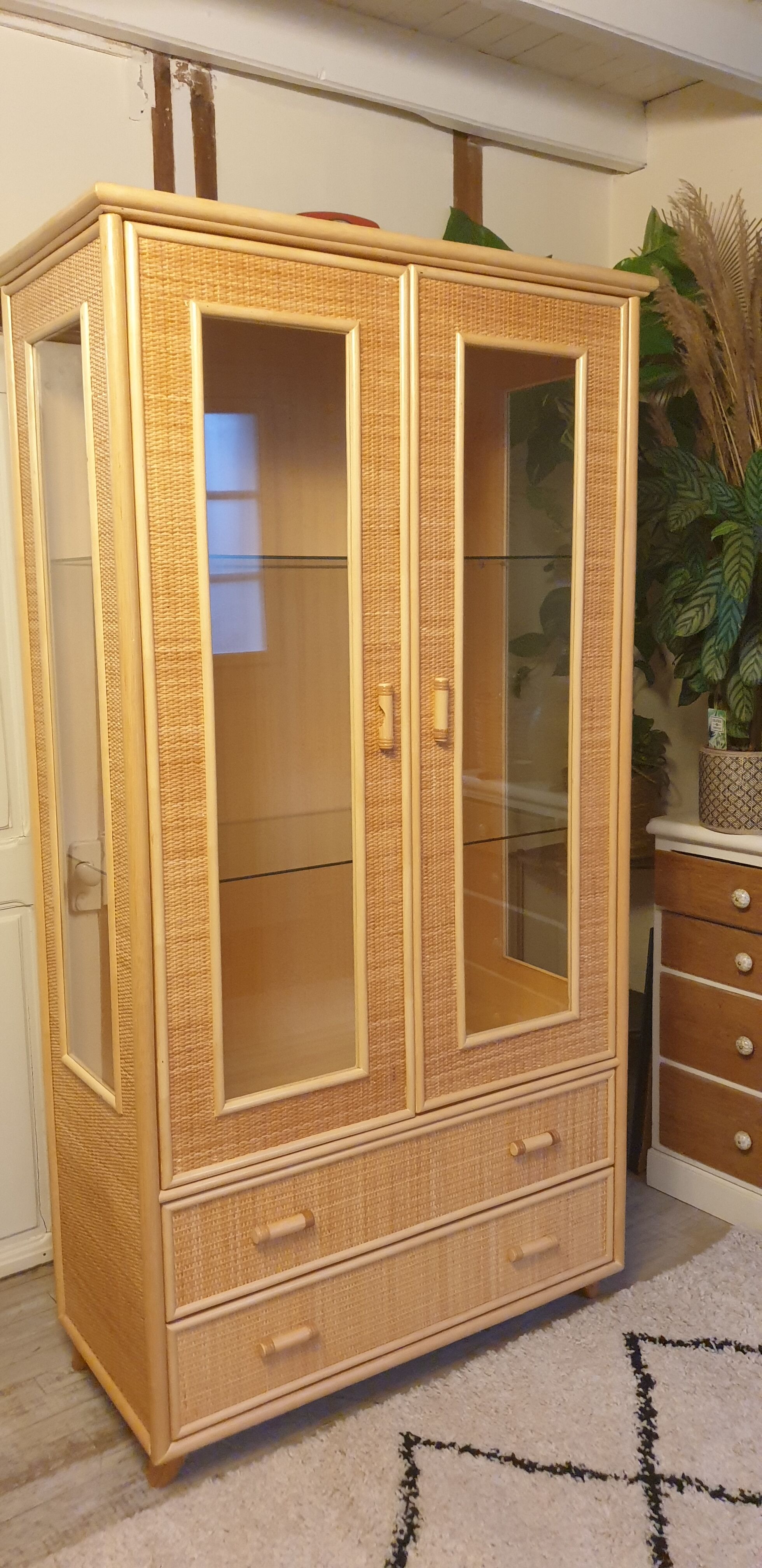 Rattan glass cabinet