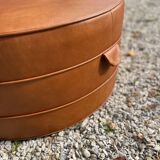 Large round cognac leather pouf