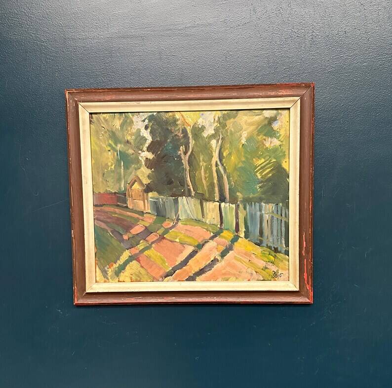 Original Swedish Oil on Panel - "Landscape with Fence" by Bajo - Signed - Vintage and Framed - 58 × 52 cm (22.8" × 20.5")