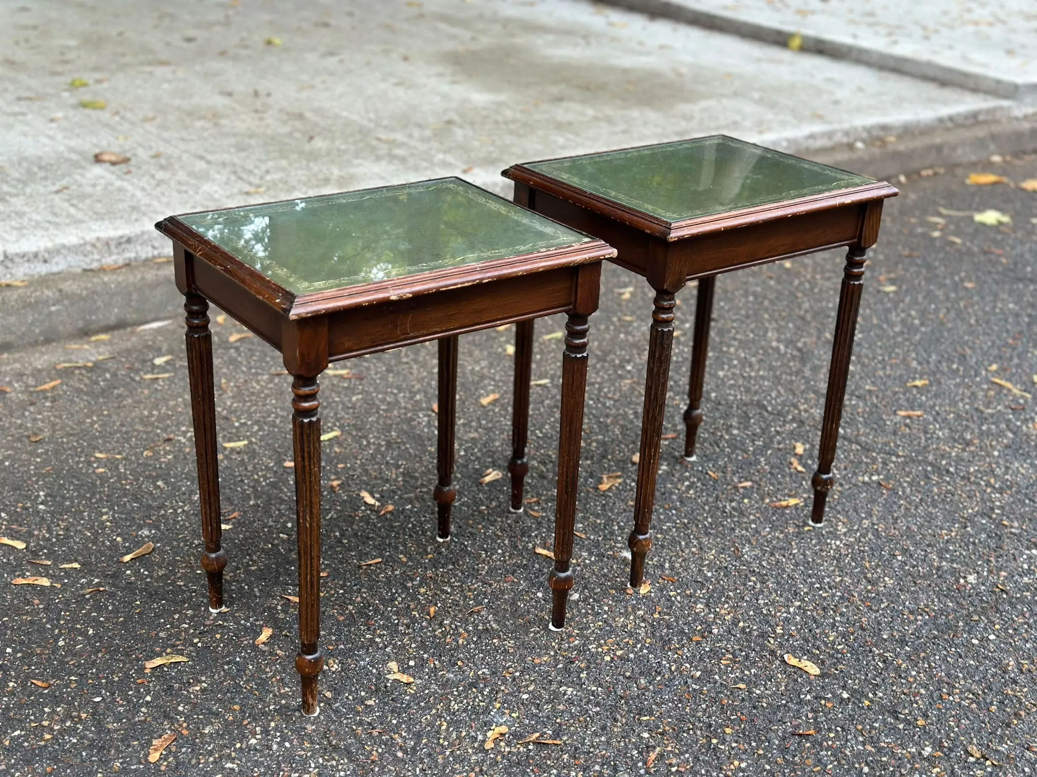 2 side tables, English Regency style, green leather & glass, 1960s.