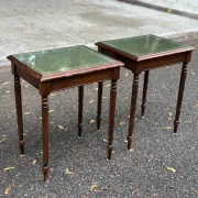 2 side tables, English Regency style, green leather & glass, 1960s.