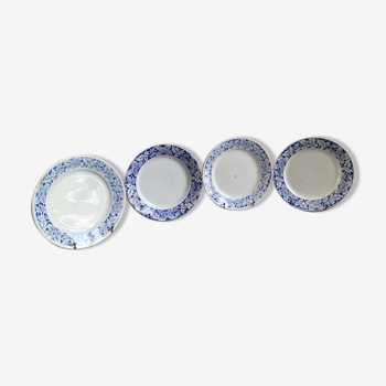 4 assiettes à plates en faïence blanche de k&g Lunéville modèle blida bleu