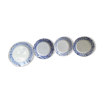 4 assiettes à plates en faïence blanche de k&g Lunéville modèle blida bleu