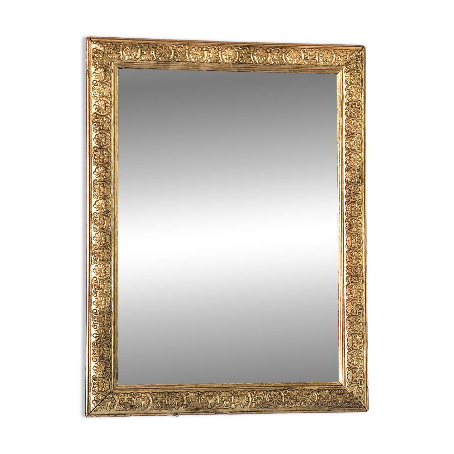 Rectangular wooden mirror with ornate Art Nouveau gold finish.