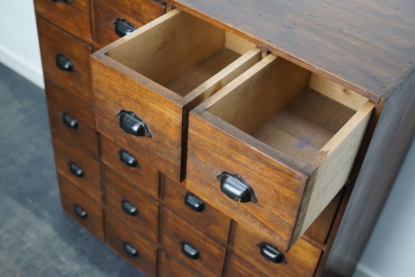 French fruitwood apothecary cabinet, ca 1950s