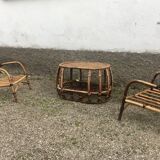 Paire de fauteuil en rotin et sa table ovale vintage