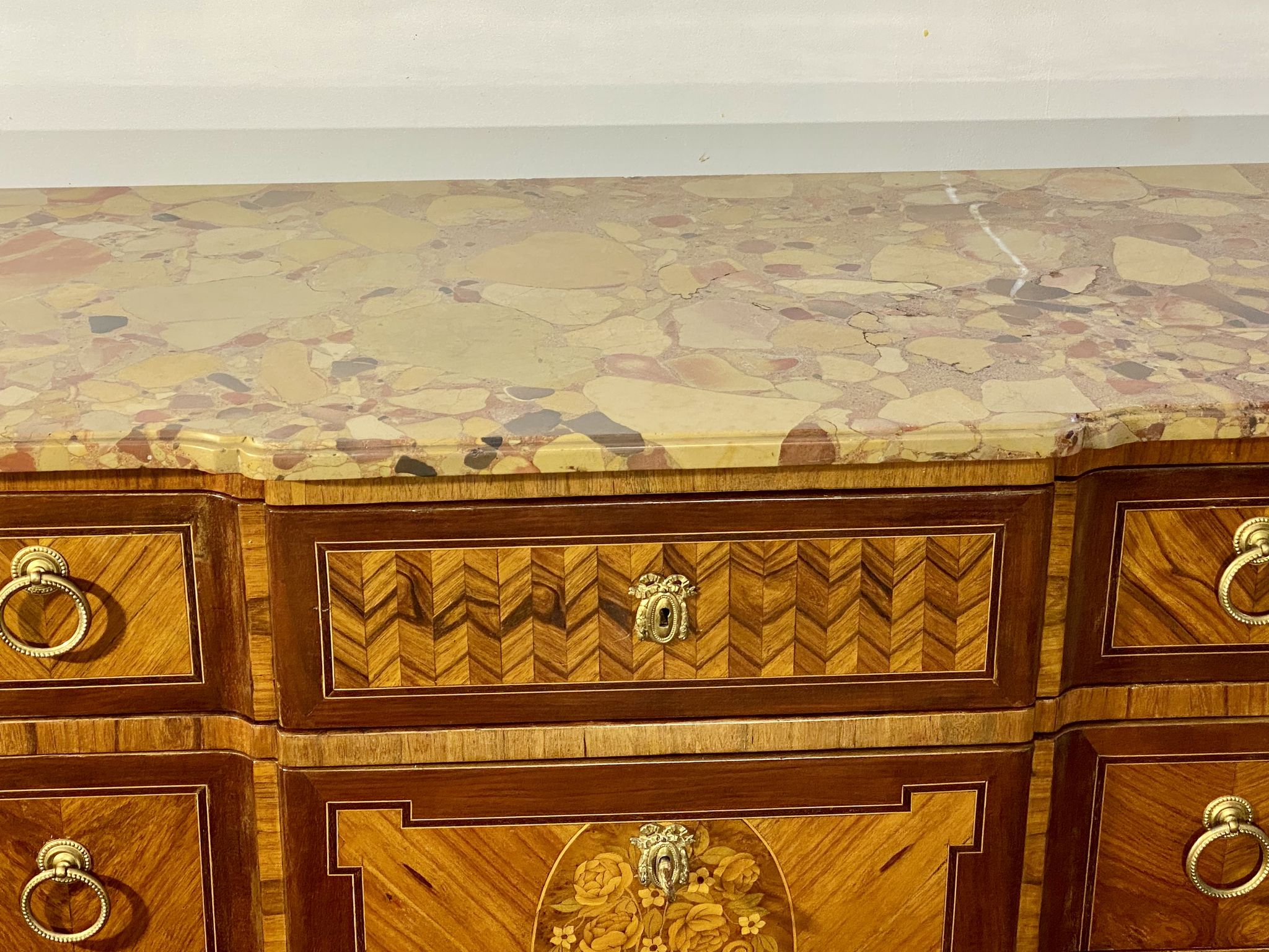 Chest of drawers Transition Style Louis XV marquetry and bronze