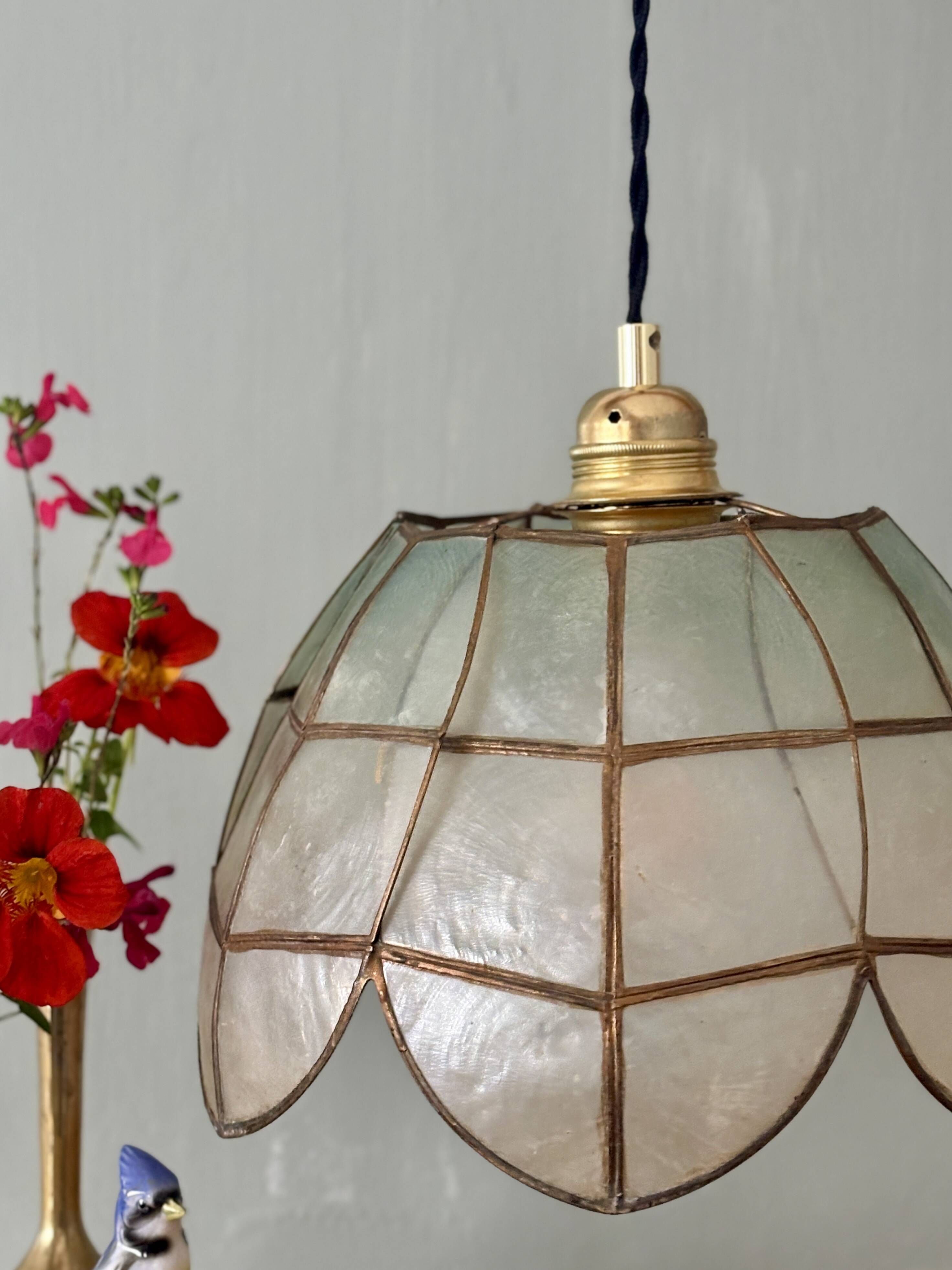 Suspension antique lampshade in blue mother-of-pearl and brass