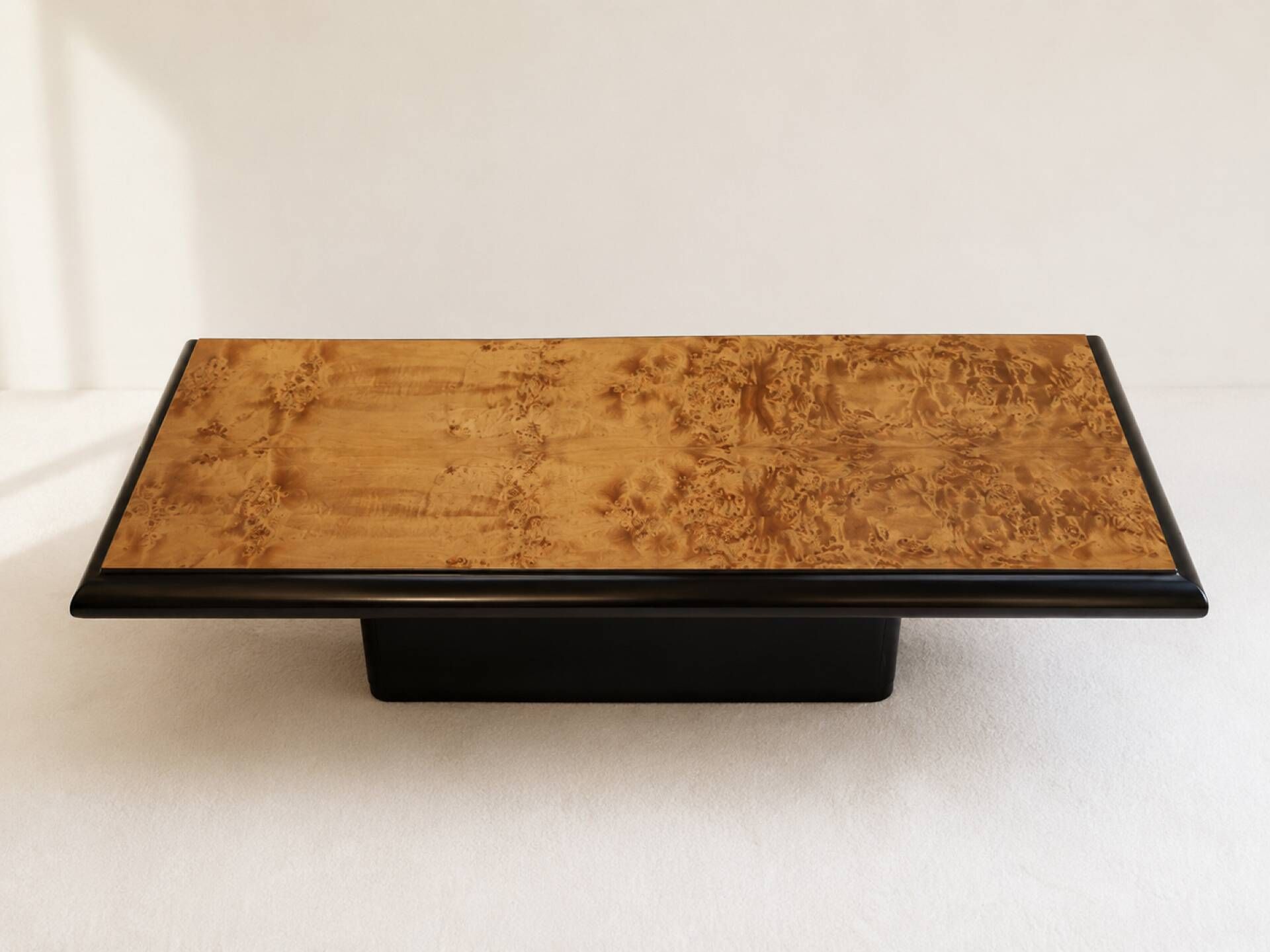 Large vintage coffee table in walnut veneer and black wood, 1980s.