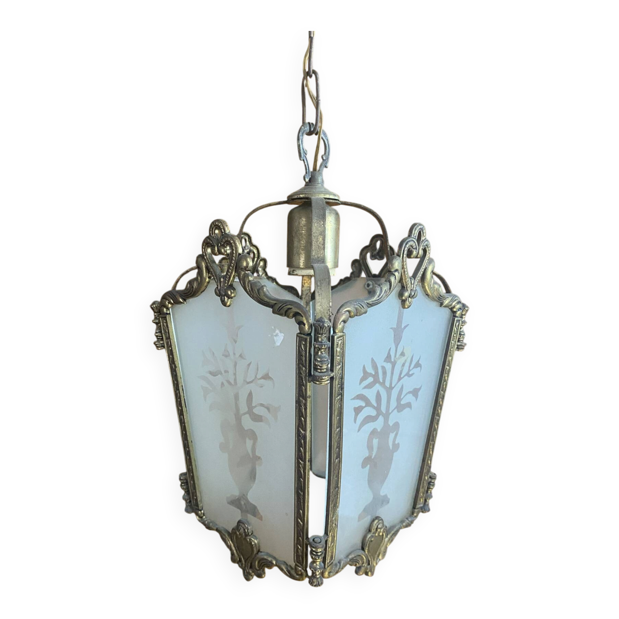 Antique Lustre Hall LOUIS XVI Bronze + Glass Plates Decorated with Engraved Tree
