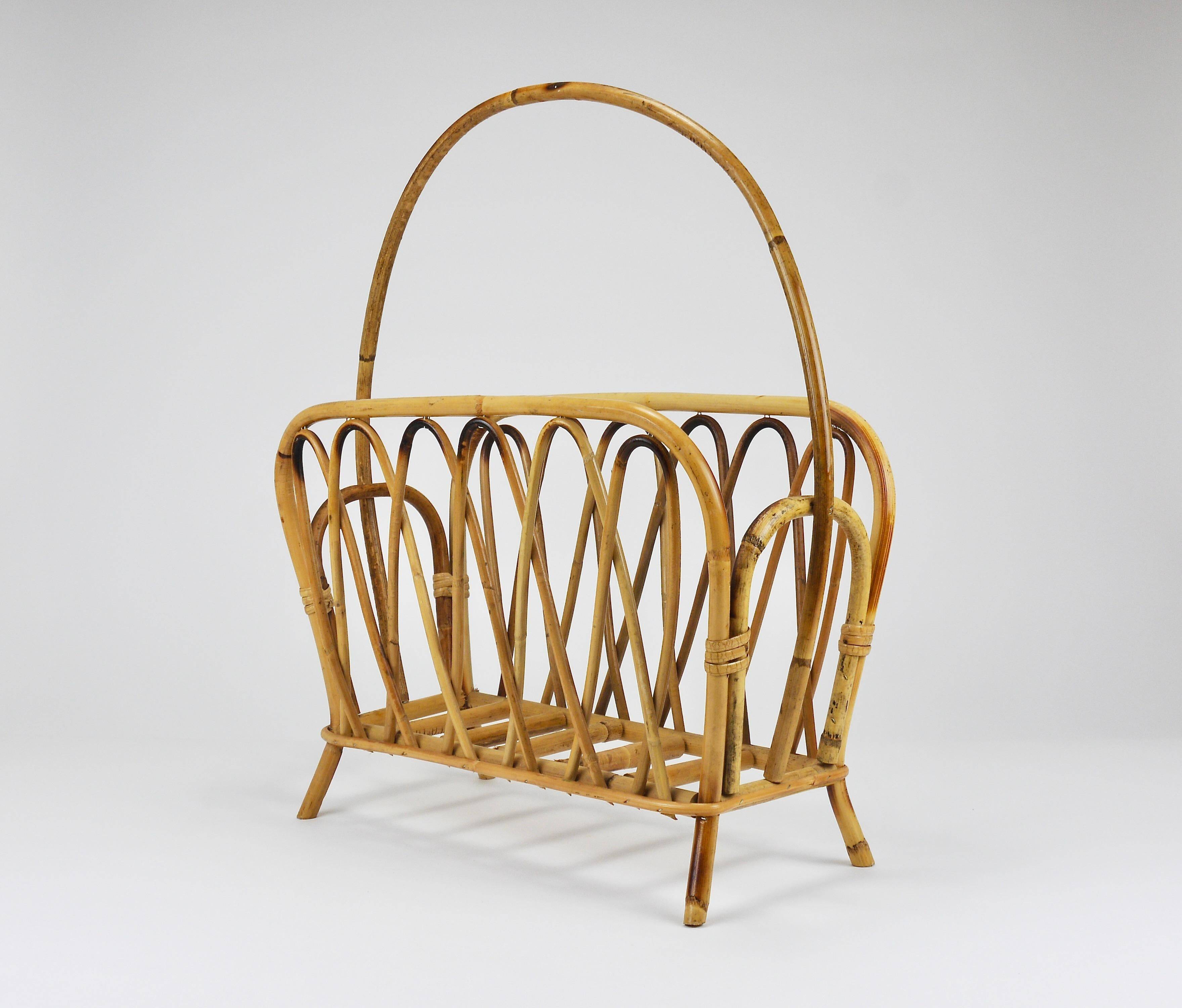 Bamboo and rattan magazine rack in the style of Franco Albini, Italy, 1970s.