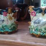 Pair of "Perdrix" Pot Covers Barbotine Onnaing