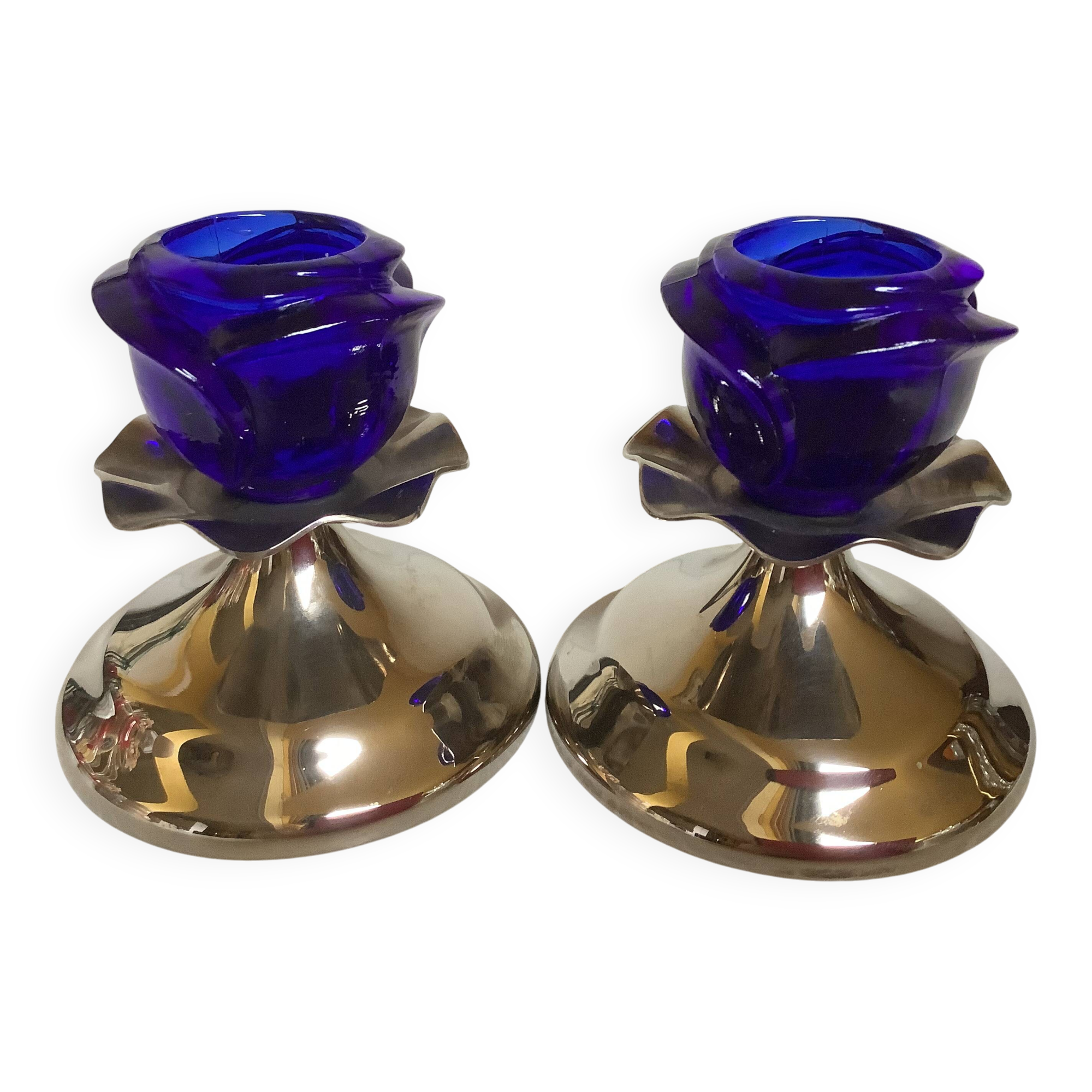 Pair of cobalt blue tulip-base candlesticks
