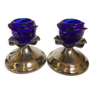 Pair of cobalt blue tulip-base candlesticks