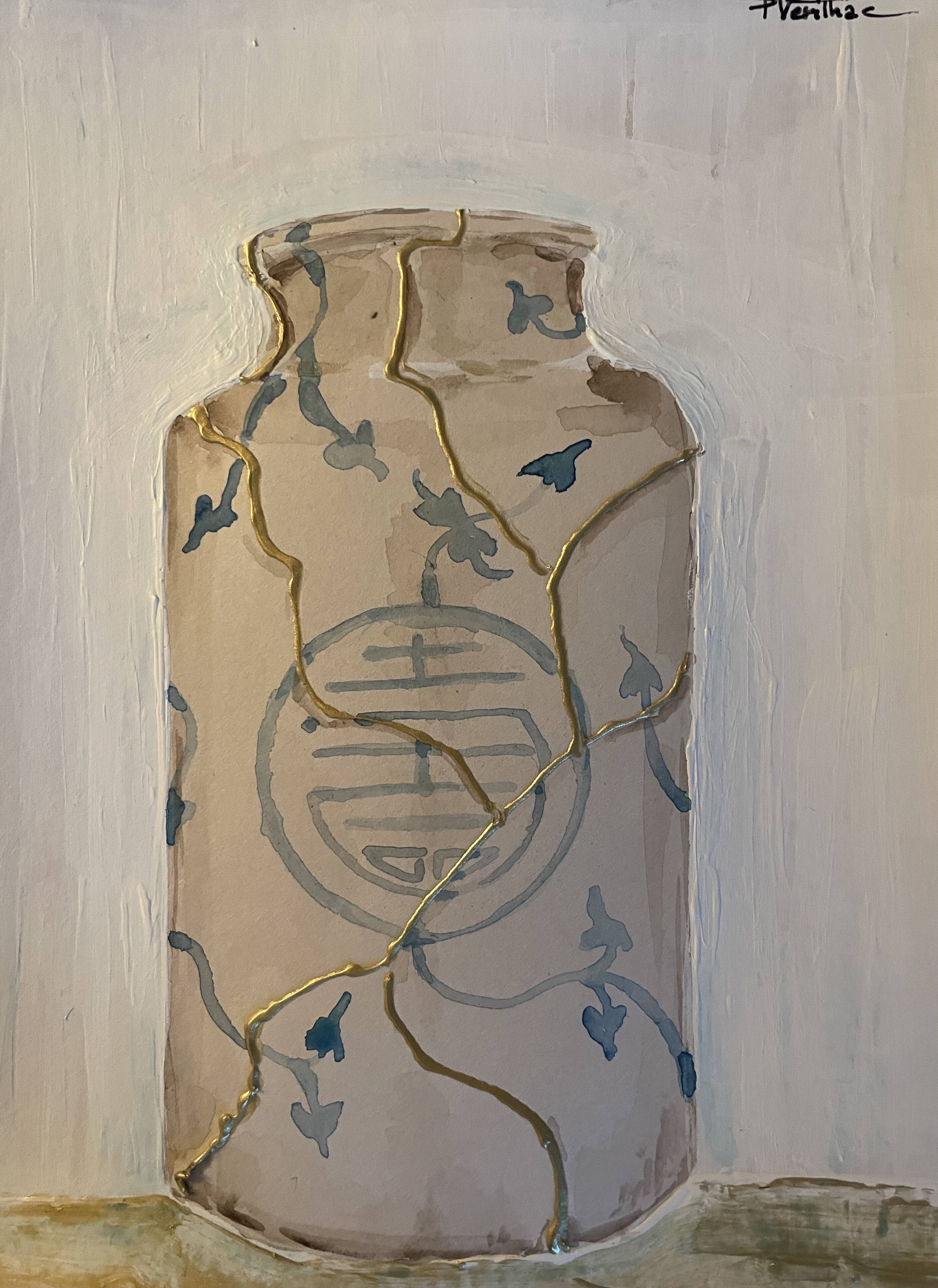 Painting signed “Japanese Kintsugi vase” mixed media + iridescent gold