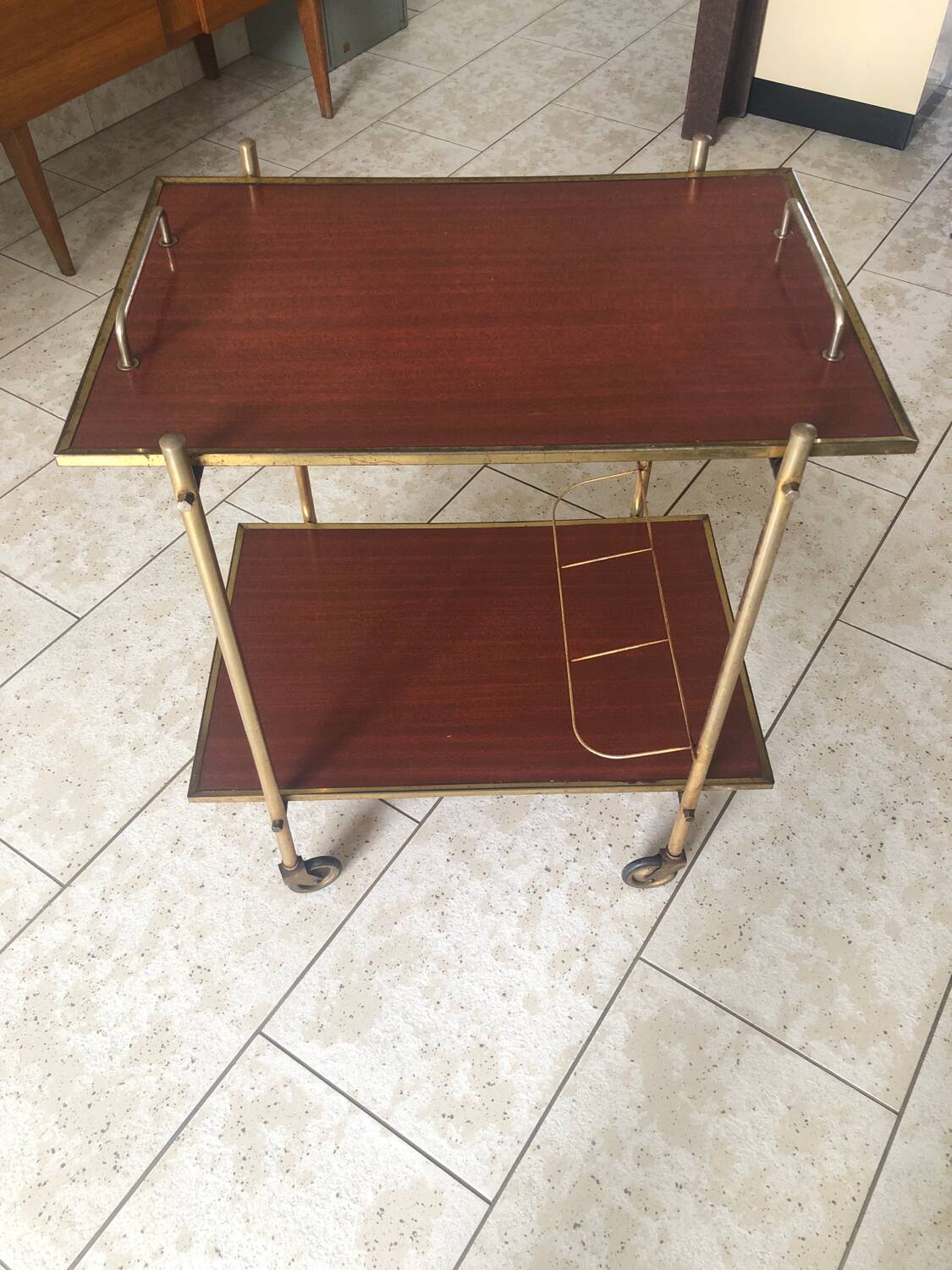 Vintage gold metal serving tray formica style