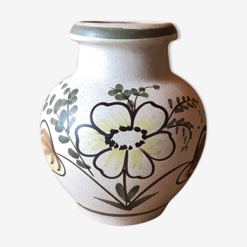 Ancien vase céramique Scheurich Keramik beige décor fleurs germany vintage
