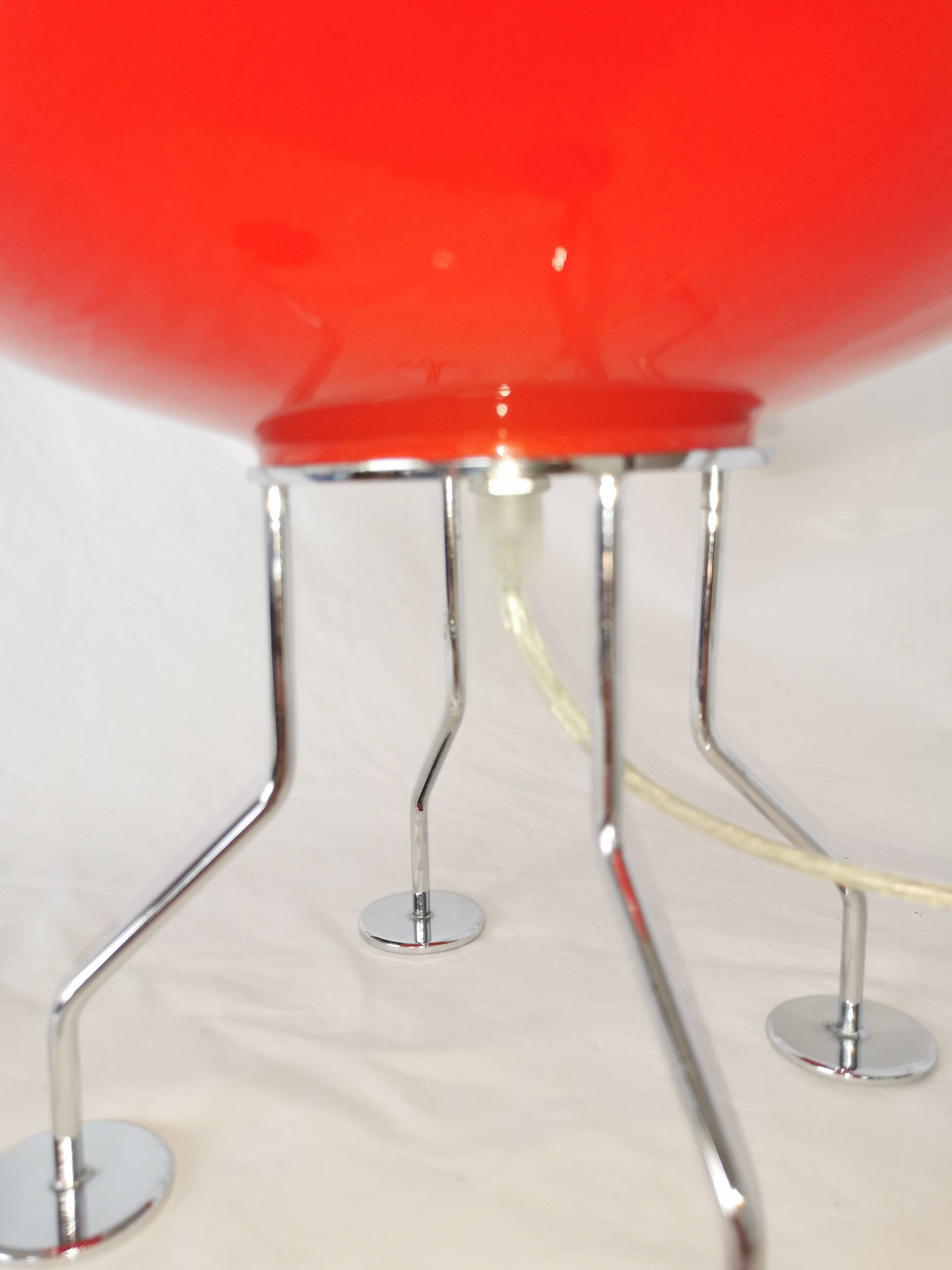 Red ufo mushroom lamp, space age, opaline and chrome steel.