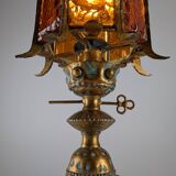 Large Longobard Gilded Metal and Red Hammered Glass Table Lamp